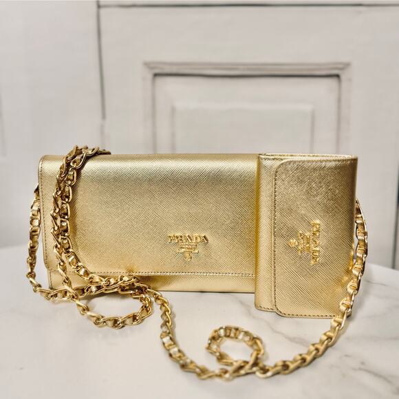 Prada Bundle: Metallic Gold Saffiano Wallet on Chain and Key Case - Picture 1 of 16